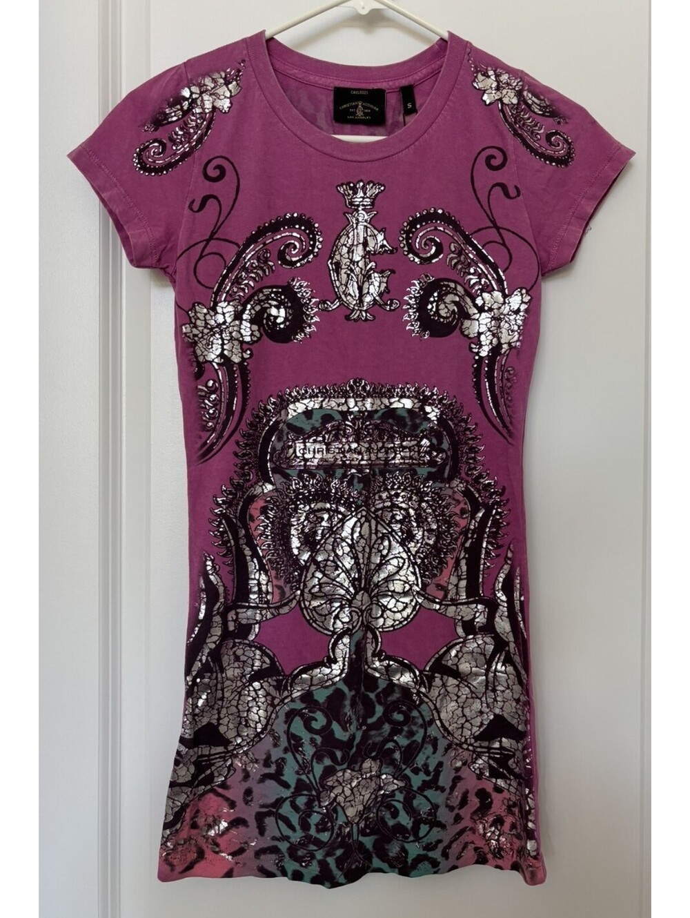 Christian Audigier Dress Small Y2K McBling Tattoo Graphic Metallic Foil CAXL0023